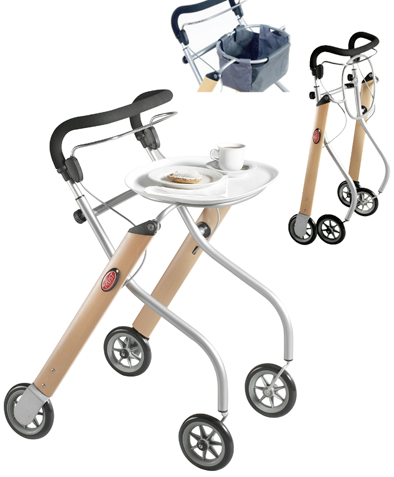 Aluminium Indoor-Rollator Let's go mit Tablett und Stoffkorb