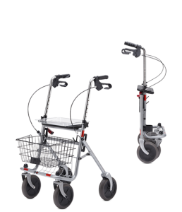 Rollator SENIO mit Tablett, Korb, Sitz und Stockhalter, PU, silber